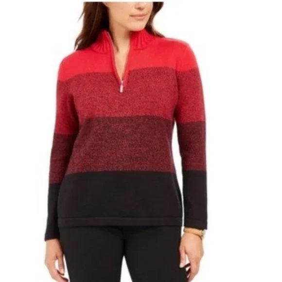 Karen Scott Striped Cotton 1/4-Zip Sweater - Picture 1 of 4